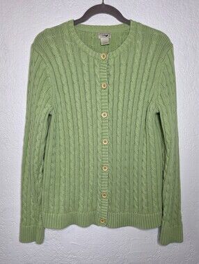 L.L. Bean Light Green Cable Knit Button Cardigan Sz Large Chunky Cotton Sweater